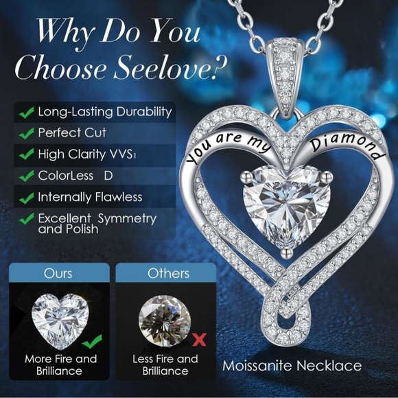 Moissanite Diamond Infinity Heart Necklace White Gold Plated 925 Sterling Silver - Picture 3 of 6